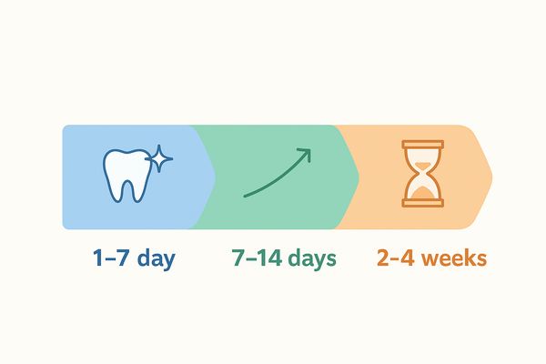 BLANXホワイトショックで変化を感じるまでの期間(1〜7日・7〜14日・2〜4週間)を示したタイムラインイラスト