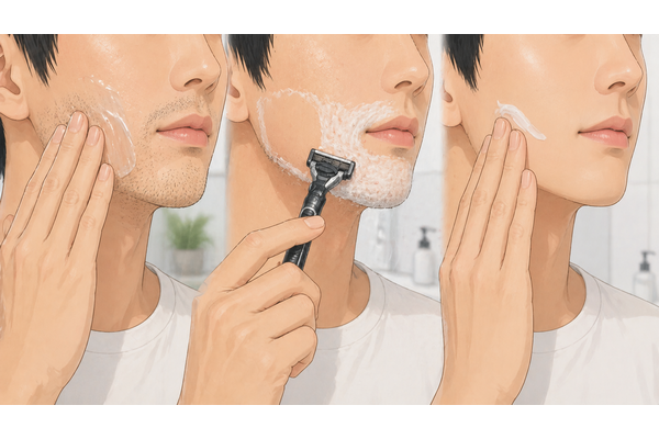 髭剃り前後の正しい手順(保湿・順剃り・アフターケア)を示したイラスト