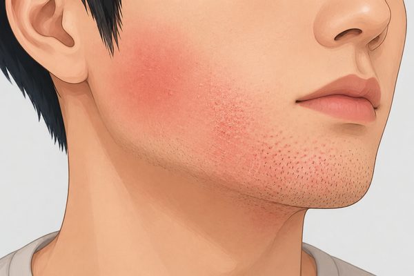 髭剃り後の肌荒れの種類(赤み・ヒリヒリ・ブツブツ)を示したイラスト