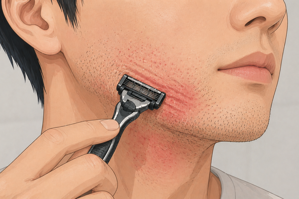 髭剃りで肌荒れを悪化させるNG行動(逆剃り・強い圧・往復剃り)のイラスト
