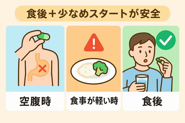ナイシメンテGOLDを安全に飲むために、空腹時・軽い食事の後・食後の違いを比較した図解イラスト。