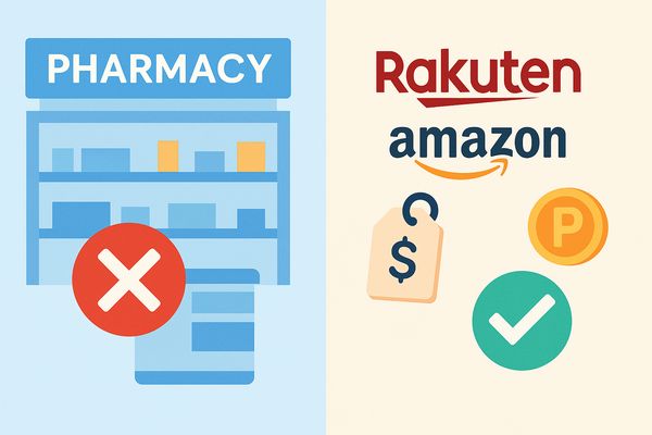 ナイシメンテGOLDが薬局では買えず、楽天やAmazonなど通販が最安で購入しやすいことを示す比較イラスト。
