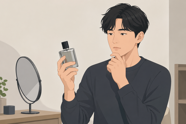 香水を手に取り良いか迷っている男性のイラスト
