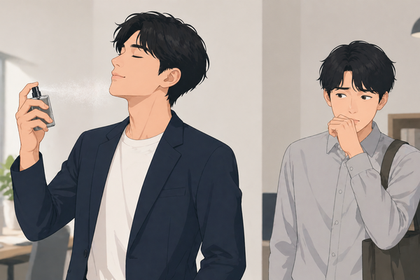 香水をつけた男性のそばで周囲の人が少し不快そうにしているイラスト