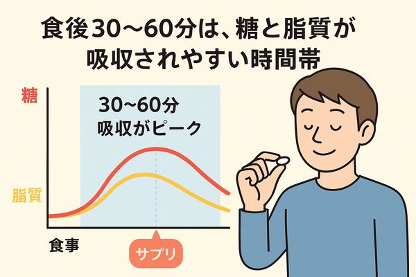 ターミナリアファーストは食後30〜60分が最も吸収ピークになる理由を示す図解｜糖と脂質の吸収カーブと男性がサプリを飲むタイミング