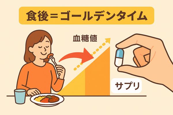 ターミナリアファーストは食後が最も働きやすい理由を示す図解｜食後の血糖値上昇とサプリのタイミング