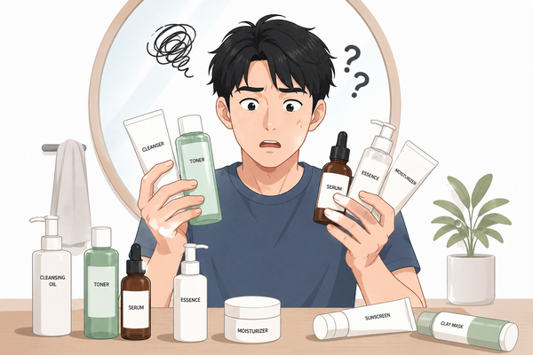 スキンケアを一度に複数試して失敗している男性のイメージ