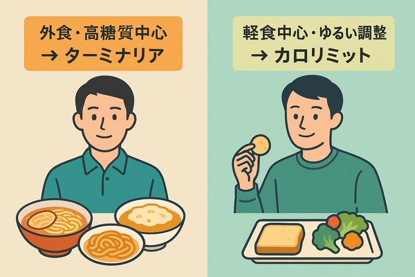 外食・高糖質中心の男性と軽食中心の男性を比較し、ターミナリアファーストとカロリミットの選び方を示すイラスト