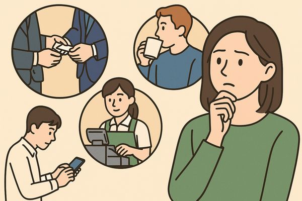 名刺交換や会計、スマホ操作など日常の場面で女性が男性の手元を見ている様子を表したイラスト
