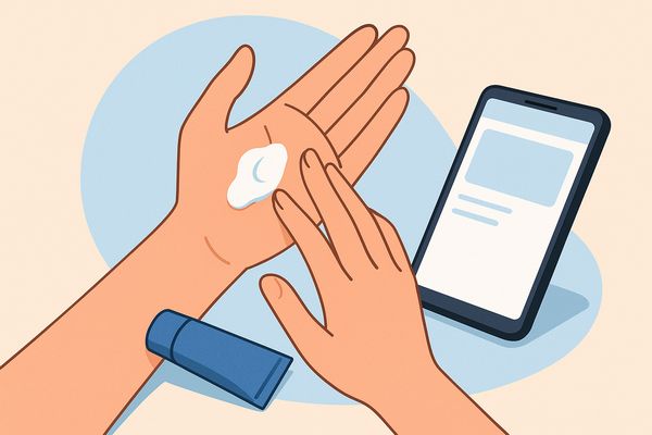 ZIGENハンドクリームを塗ってもすぐスマホに触れる速乾性を表現したイラスト