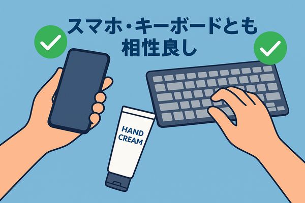 ZIGENハンドクリーム使用後でもスマホやキーボードが汚れない様子を表したイラスト