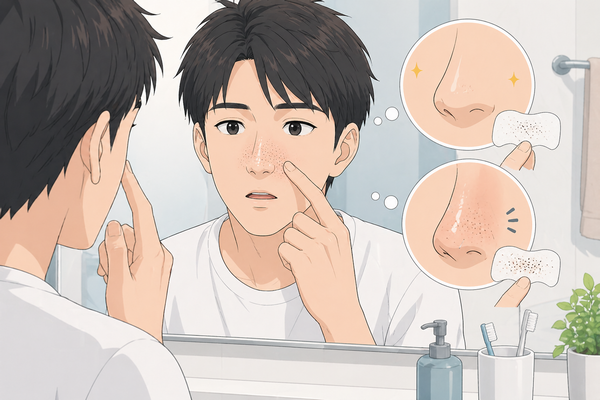 毛穴パックで鼻の角栓が取れて一時的にきれいに見えるが、繰り返すことで黒ずみや皮脂が目立ってくる様子を鏡で確認する男性のイラスト