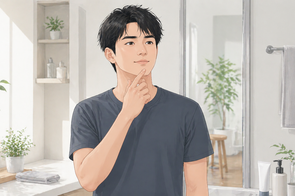 毛穴ケアの見直しを決めて安心した表情の男性が洗面所で落ち着いて考えている様子