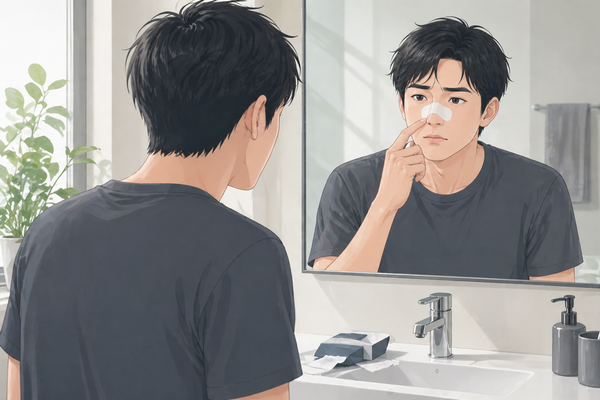 毛穴パックに不安を感じて鼻を鏡で確認する男性と洗面台に置かれた使用済み毛穴シート