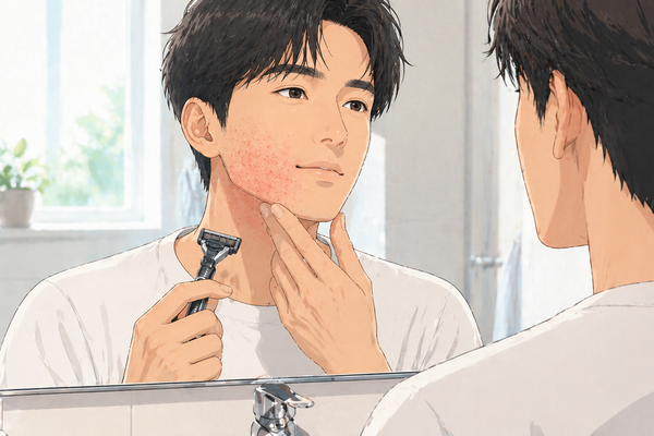 髭剃りによる肌荒れと改善イメージを表現した男性のイラスト