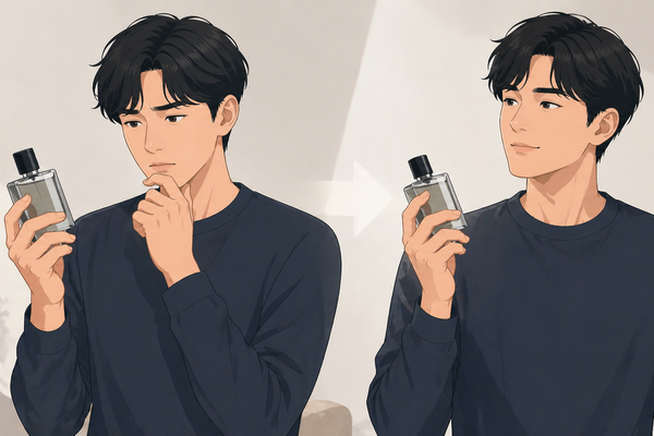 香水を手に取り印象が良いか迷っている男性のイラスト