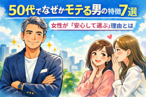 50代でなぜかモテる男の特徴|女性が安心して選ぶ理由を表したイラスト
