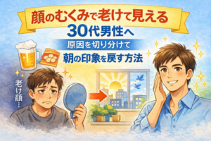 顔のむくみで老けて見える30代男性が、原因を切り分けて朝の印象を整えるイメージ