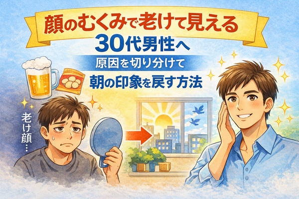 顔のむくみで老けて見える30代男性が、原因を切り分けて朝の印象を整えるイメージ