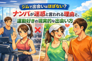 ジムで出会いが難しい理由と、ナンパが迷惑になりやすい現実を示したイラスト
