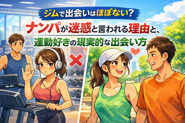 ジムで出会いが難しい理由と、ナンパが迷惑になりやすい現実を示したイラスト