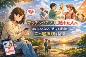 マッチングアプリに疲れた人が次の出会い方を考えているイメージイラスト