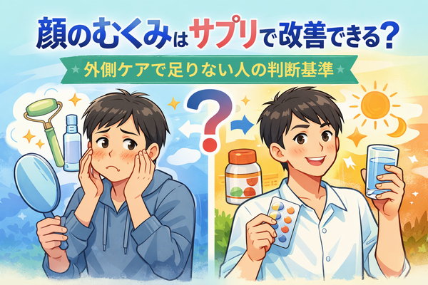 顔のむくみはサプリで改善できるのか、外側ケアで足りない人の判断基準を示したイラスト